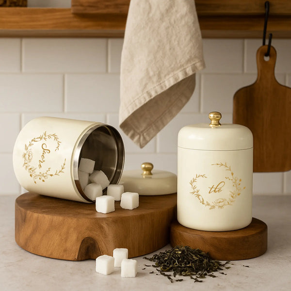 Elan Tea and Sugar Curved Canisters for Kitchen Storage Jars (Set of 2, 400ml and 600ml each, Off White)