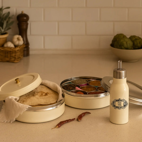 Elan Pack of Spice Box With 7 Compartments, Oil Dispenser and Roti Box (Set of 3, Off White)