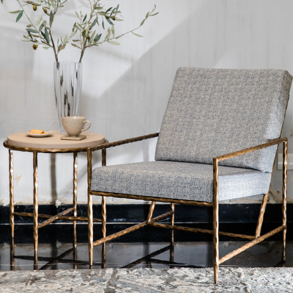 Elan Amadeus Round Side Table (Beige Stone, Antique Gold Finish)