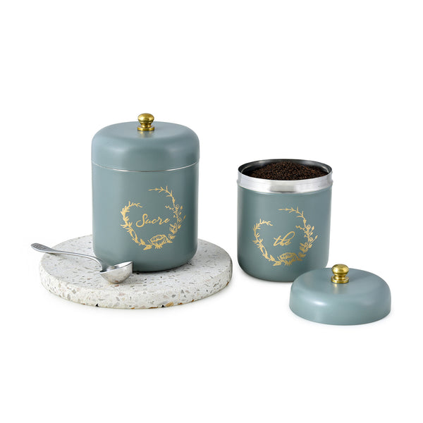 Elan Tea and Sugar Curved Canisters for Kitchen, Storage Jar, Stainless Steel, (Set of 2, Moss Green)