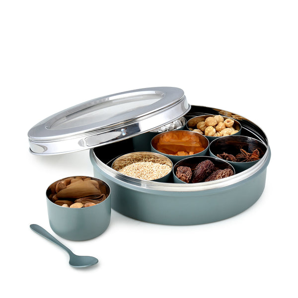 Elan Spice Box, Stainless Steel Masala Box, 7 Compartments With 1 Spoon