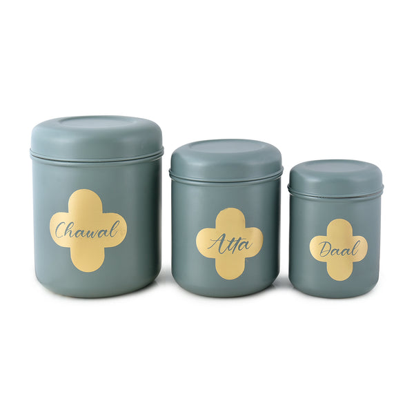 Elan Stainless Steel Round Flour, Rice and Pulses Storage Bins, Chawal, Atta, Daal Multipurpose Canisters (Set of 3, Moss Green)