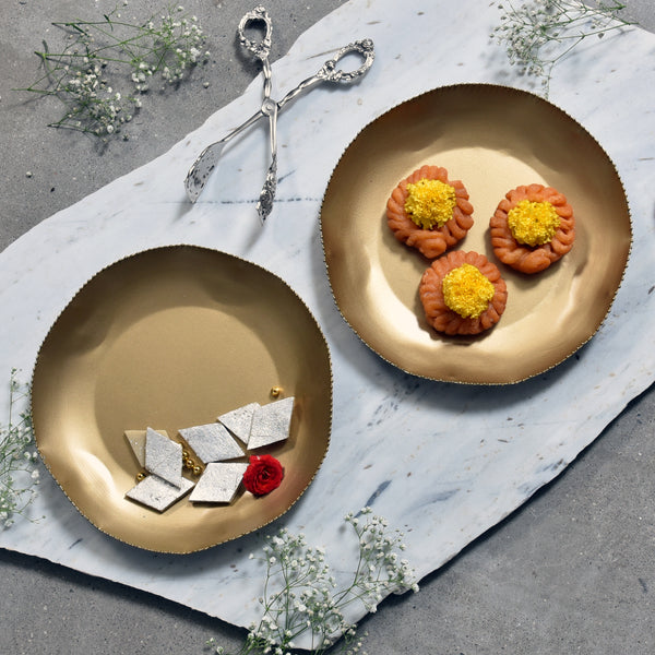 Elan Kesar Tea Plate, Dessert and Snacks Serving Plate Gold (Set of 2)