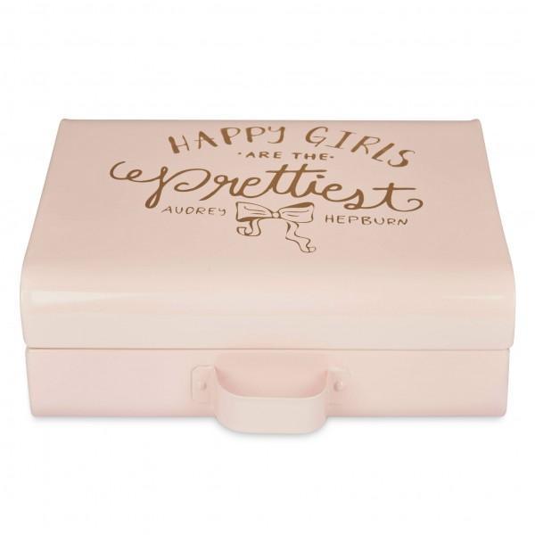 Elan Briefcase Storage Trunk, Jewelry & Makeup Storage Chest w/Lock (Happy Girls, Metal, Light Pink)