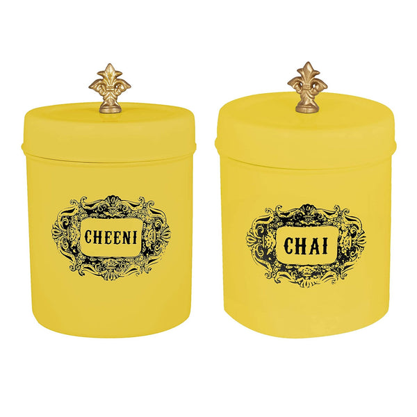 Elan Stainless Steel Round Chai and Cheeni Canister (Set of 2, Yellow, 500 ml)