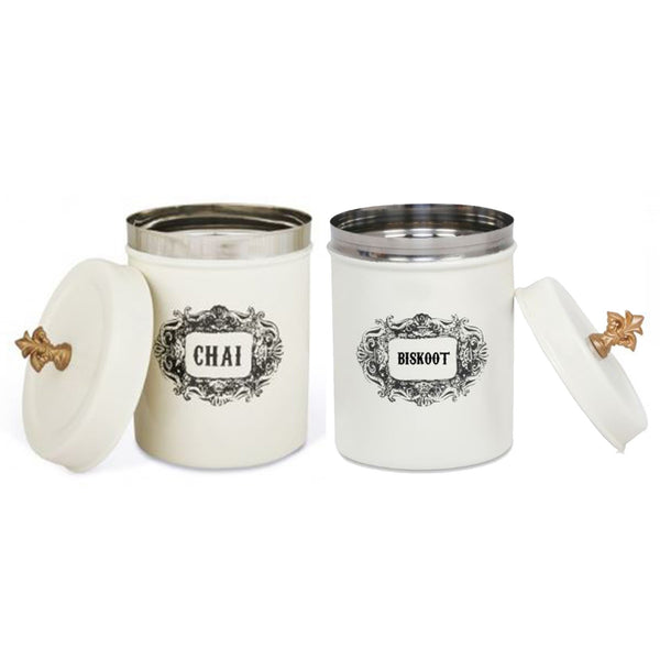 Elan Stainless Steel Round Chai Biskoot Canisters (Set of 2, Off White, 500 ml)