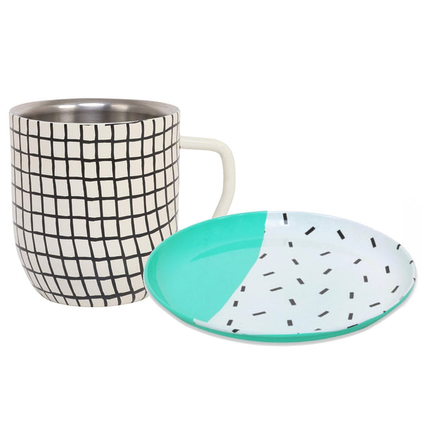 Elan Grid Mug and Dash Plate, Set of 2, Stainless Steel