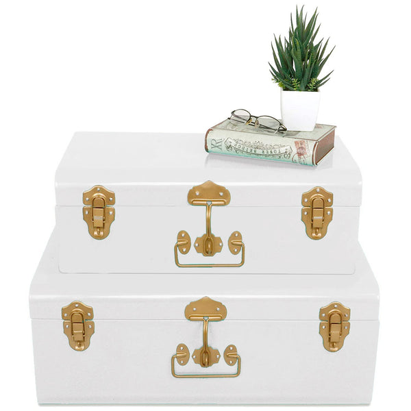 Elan Vintage Metal Buxa Trunk, Set Of 2 (Off White With Gold Accessories)